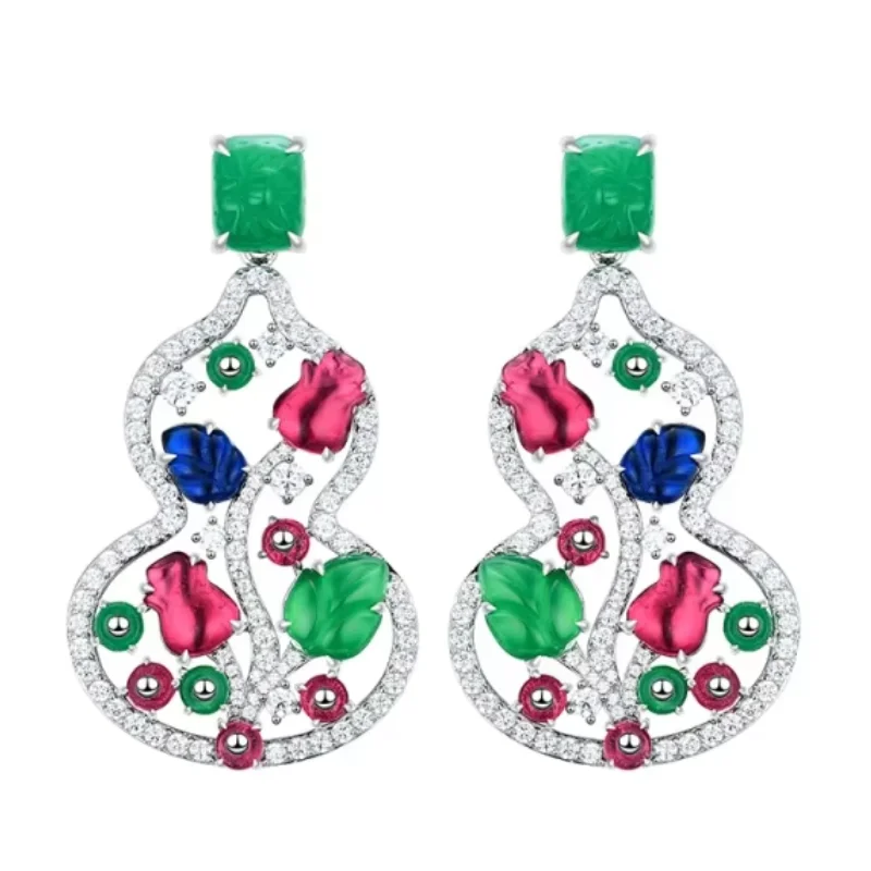 

Bellux 925 Silver Synthetic Zircon Earrings Multicolored Gourd shaped Fruit Series Ruby Sapphire Green Gemstone Carving Earrings
