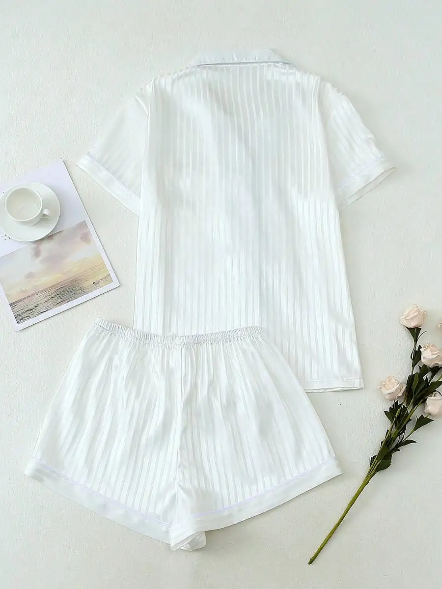 

Women Satin Striped Short Sleeve Turn-Down Collar Top And Shorts Pajama Set Spring Summer