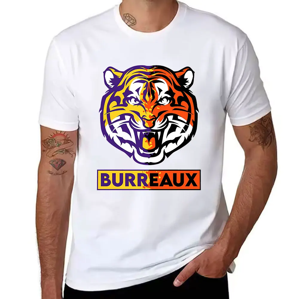 Men's Cotton Short Sleeve T-Shirt, BurrEaux Tiger Graphic Print Casual Tee, Breathable Daily Wear for Sports & Leisure