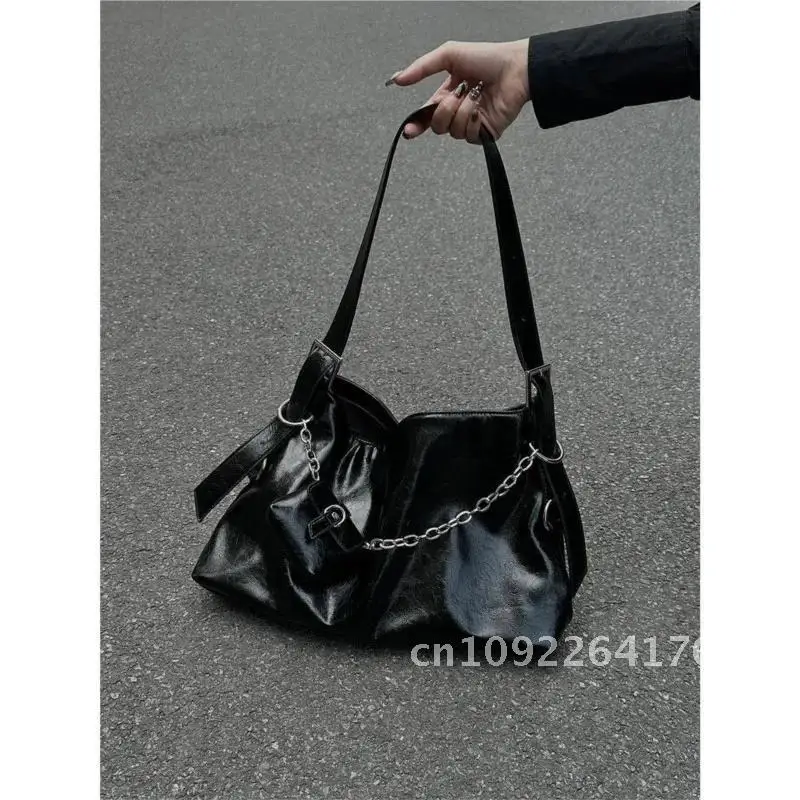 JIAERDI 黒ヴィンテージ脇の下バッグ女性原宿バッグ装飾トートヘッドフォンバッグバッグ Y2k 大型チェーンショルダー容量