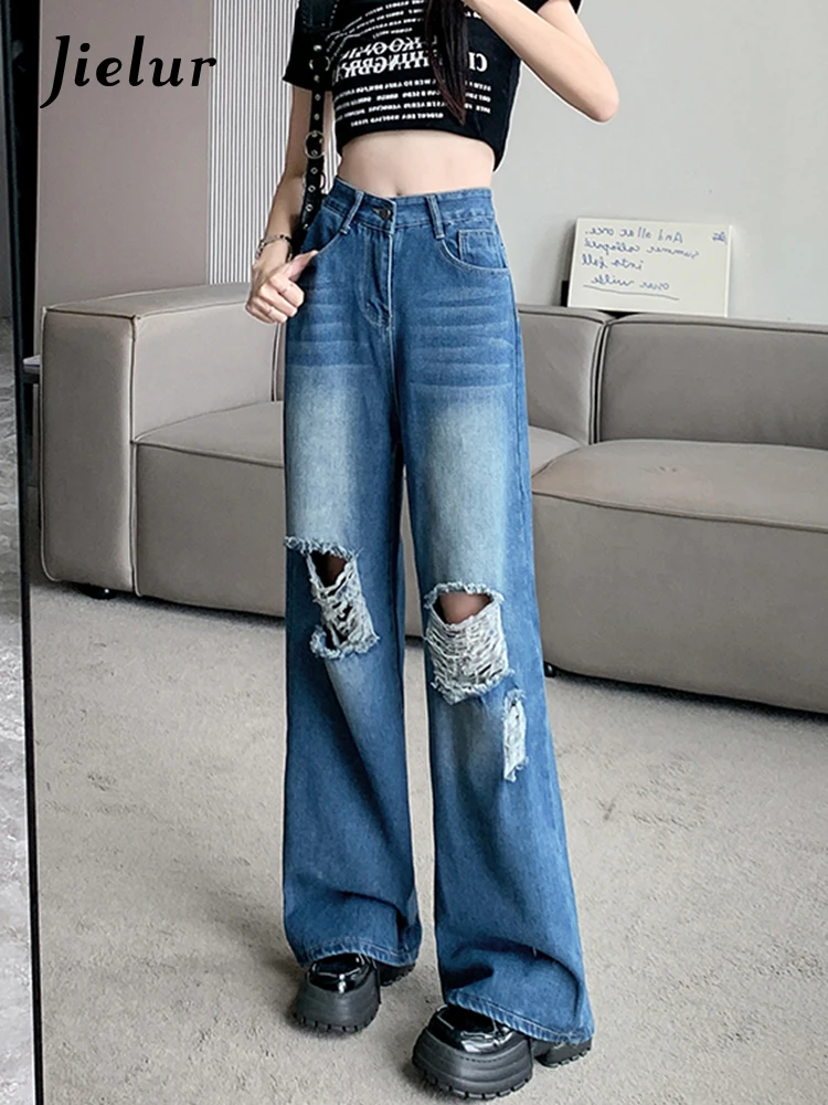 

Jielur Fashion Wide Leg Ripped Jeans Women Casual Summer Vintage High Waist Loose Blue Jeans Female Korean Style Y2k Baggy Jeans