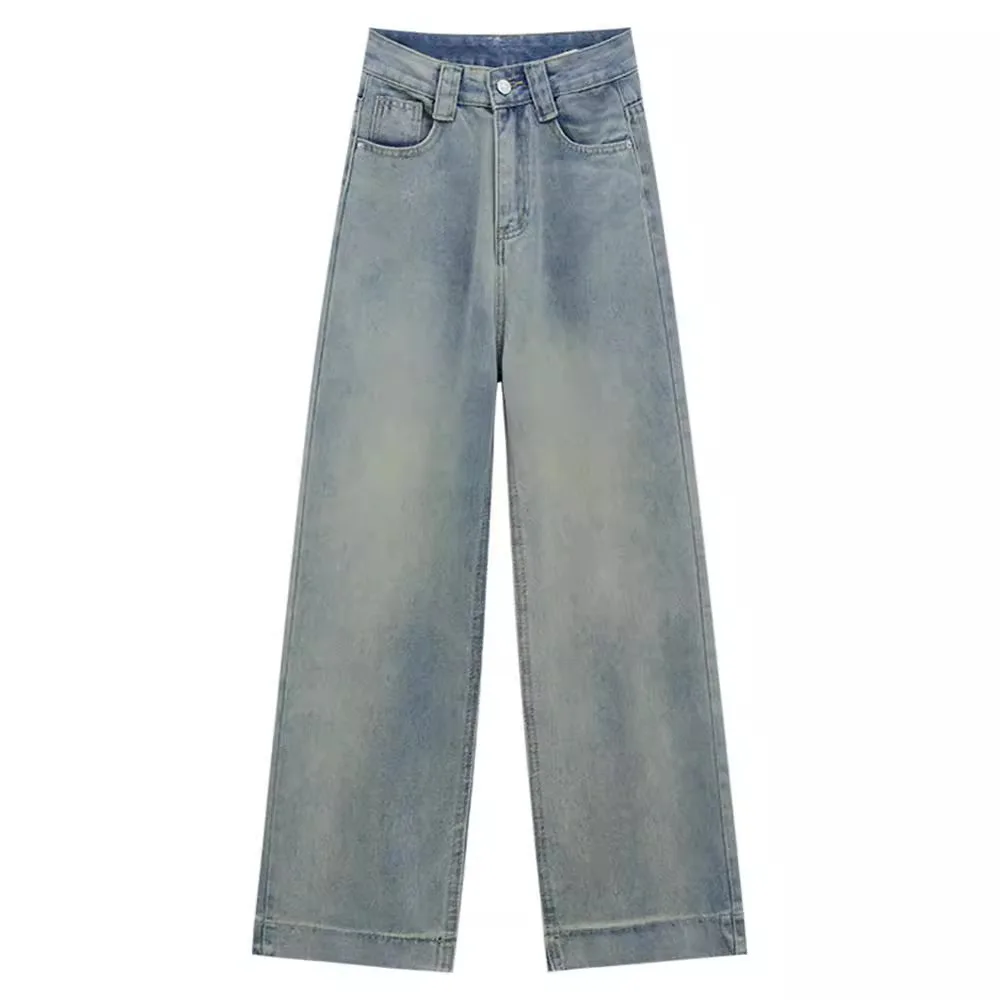 Ontwerp losse rechte broek met wijde pijpen dames lente Koreaanse versie buitenlandse stijl skinny hoge taille lichtblauwe jeans