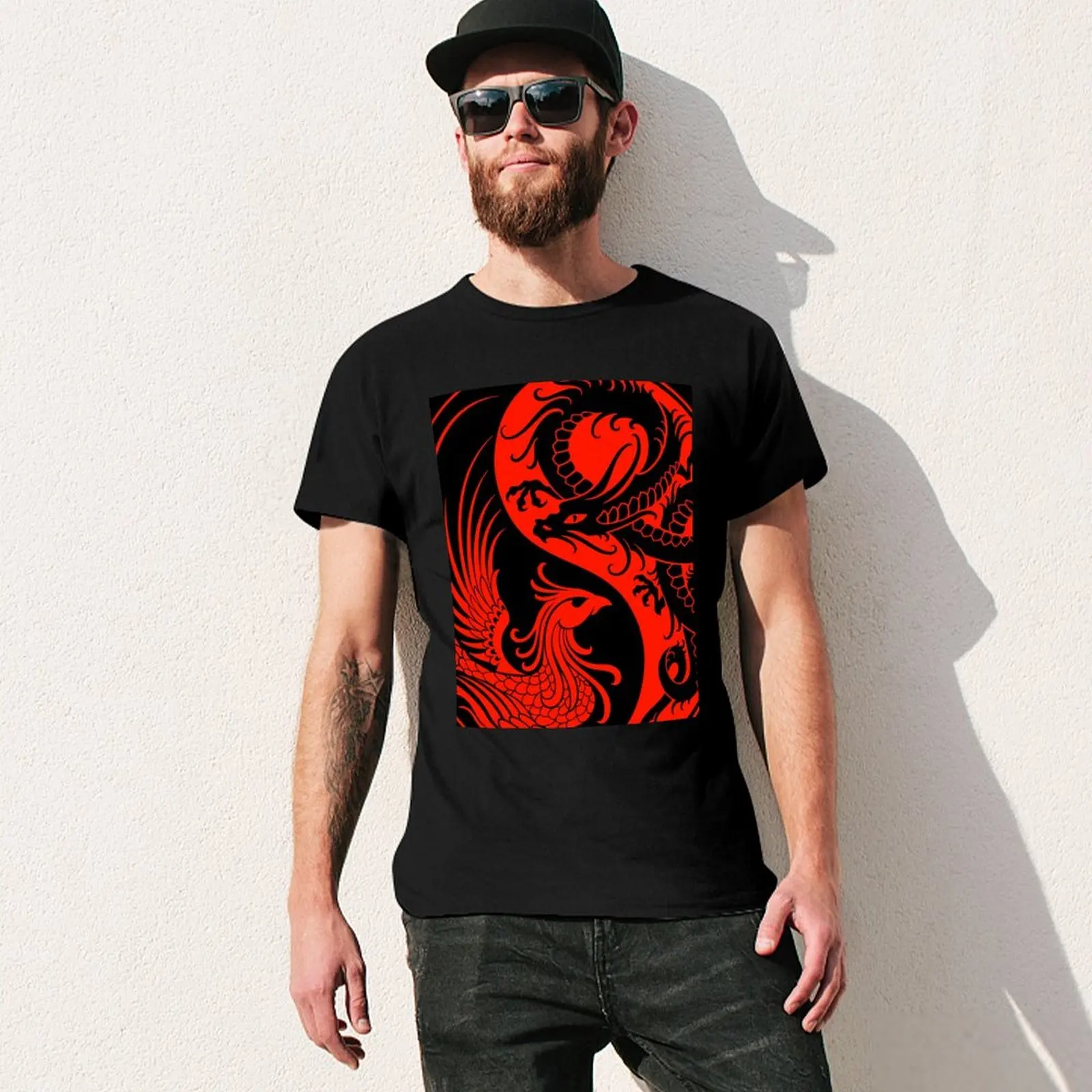 Red and Black Dragon Phoenix Yin Yang T-Shirt custom t-shirts Clothing Blouse mens graphic t-shirts pack