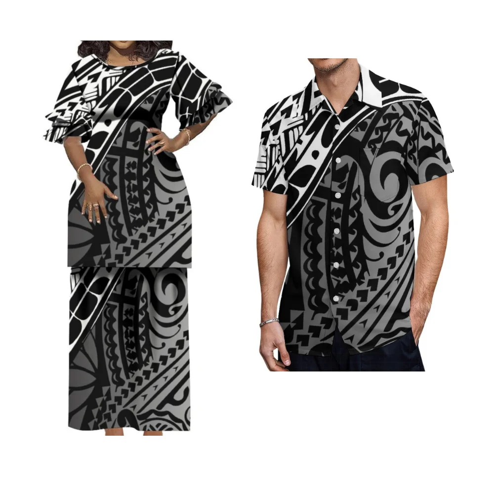 Samoa Vintage Floral Print Custom Polynesian Couple Suit Summer Short-Sleeved Crew-Neck Women'S Dress With Lapel Men'S Shirt