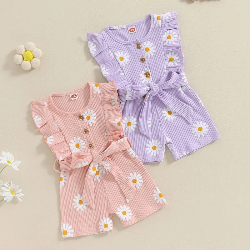 Baby Girls Rompers Daisy Print Round Neck Buttons Ruffles Sleeve Bodysuits Summer Clothes with Belt