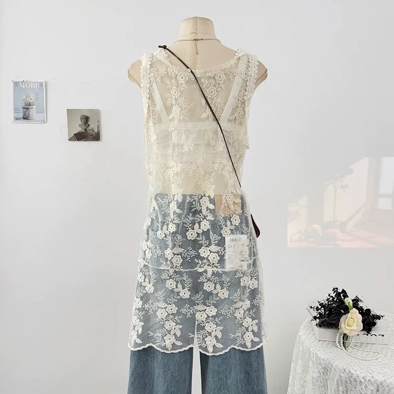 Slim Fitted Sheer V-neck Crochet Lace Sleeveless Tank Dress Women Summer Embroidery Mesh Cover Up Dress Transparent Beige Dress