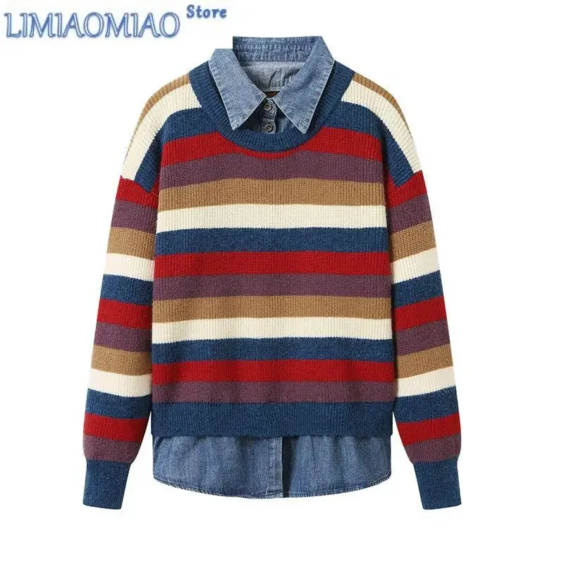 جديد الخريف والشتاء موضة الاتجاه المرقعة قميص وهمية قطعتين مخطط فضفاض تنوعا النمط الأجنبي محبوك سترة #4