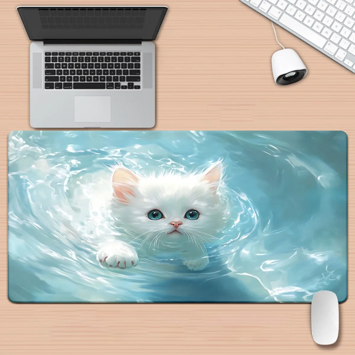 

1pc White Cat Swimming in Blue Scene XXL Mouse Pad - Multi-Functional Desk Mat for Gaming & Office, Durable Rubber Material, Smo