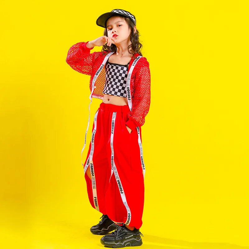 2023 Jazz Kostüm Für Mädchen Red Net Mantel Slit Hosen Hip Hop Dance Kleidung Kinder Moderne Dance Performance Outfit Bühne tragen BL9885