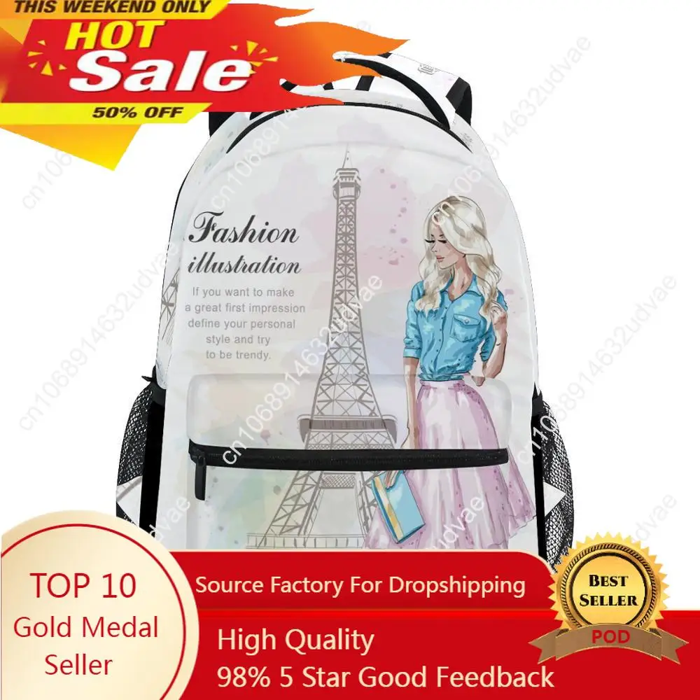 Torre Eiffel imprime mochila, mochilas escolares elementares estudantis, bolsas de livros femininas, meninas adolescentes, moda