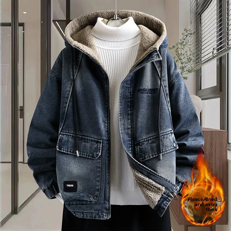 

Утепленная джинсовая куртка с капюшоном для подростков, осенне-зимняя теплая верхняя одежда с декоративной молнией, джинсовое пальто с длинными рукавами