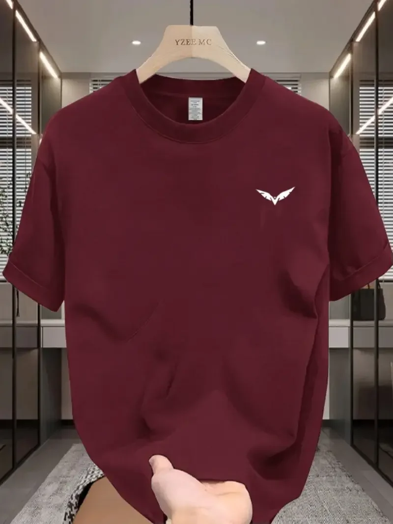 Simple wing pattern printed casual T-shirt for men's summer short sleeved round neck gym with humorous design  suitable for spor