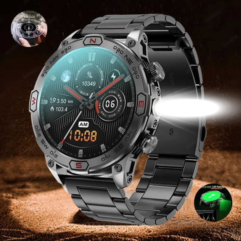 2024 New Flashlight Smart Watch Outdoor Compass 1ATM Waterproof Watch Men Bluetooth Call Smartwatch GPS Motion Track For Android