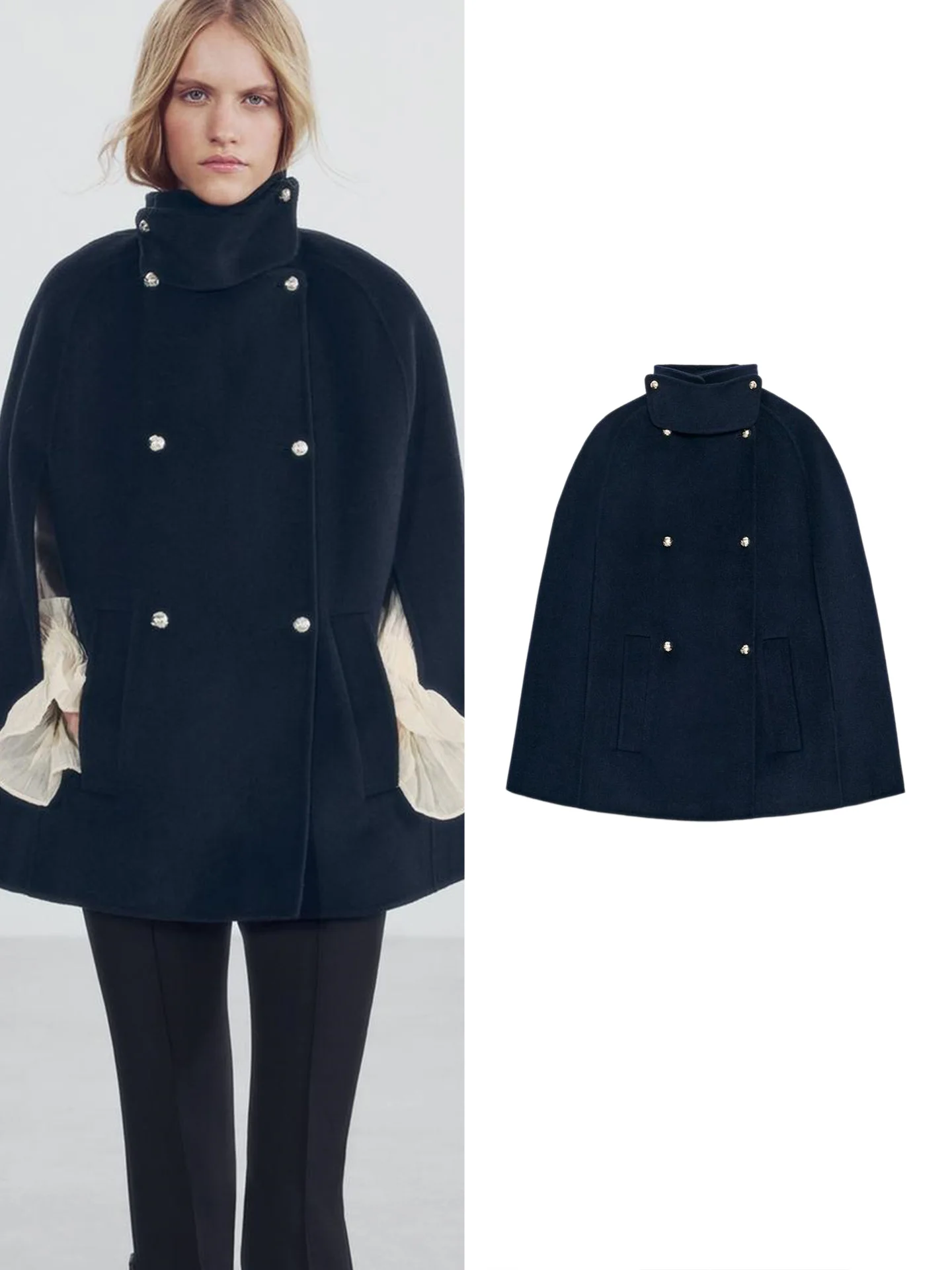 Fall New Women's Long Sleeve Stand Collar Padded Shoulder Double Button Layered Decoration Coat Standard French Style Polyest...