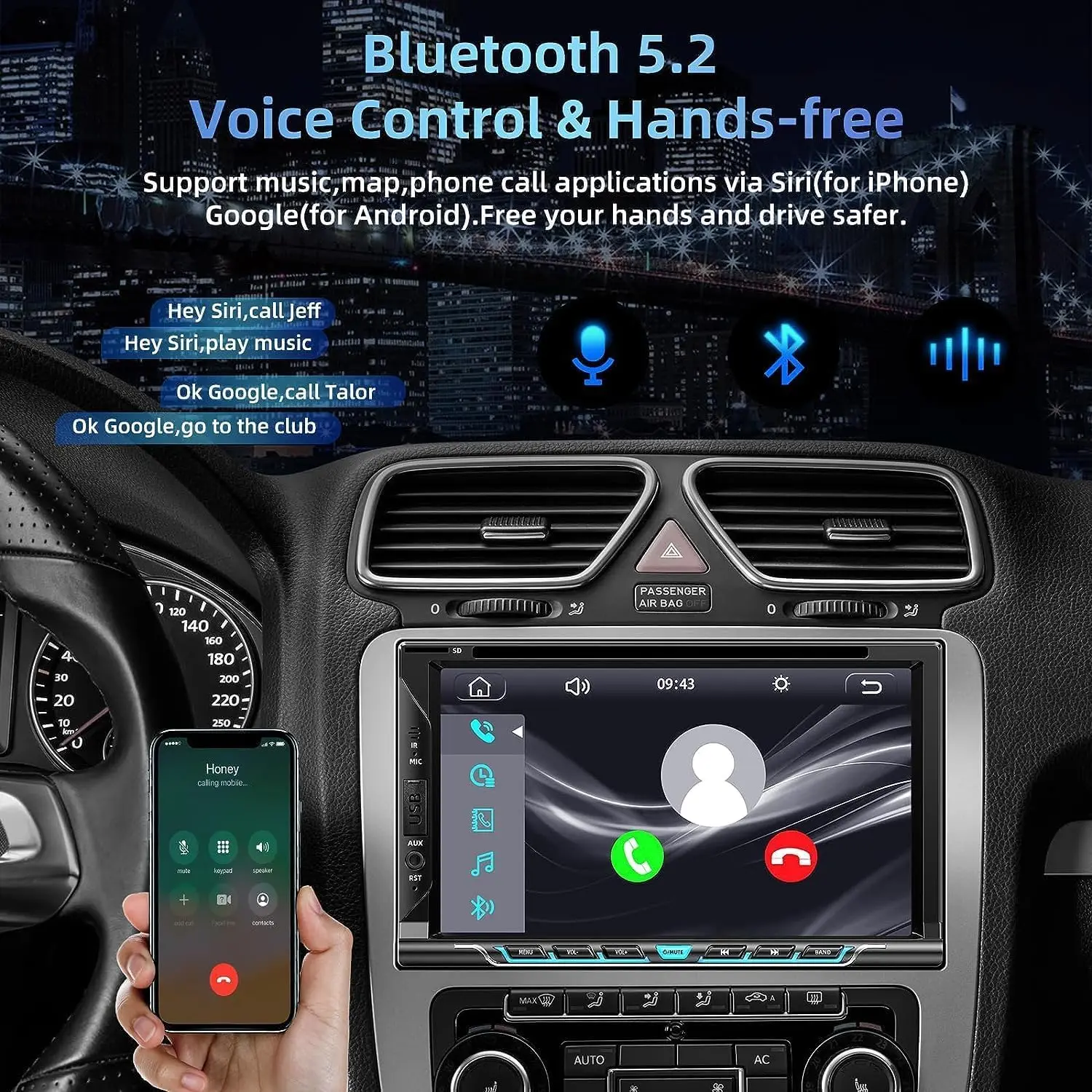 7-Zoll-Autoradio mit kabellosem CarPlay, Android Auto, Bluetooth 5.2, Rückfahrkamera, MirrorLink