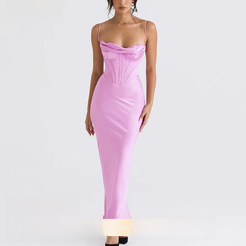 Dr New Sle da donna sexy Colletto in pile sexy Cinturino a pieghe in fibra di raso Lungo Dr Vita alta Sle europeo Estate Dr