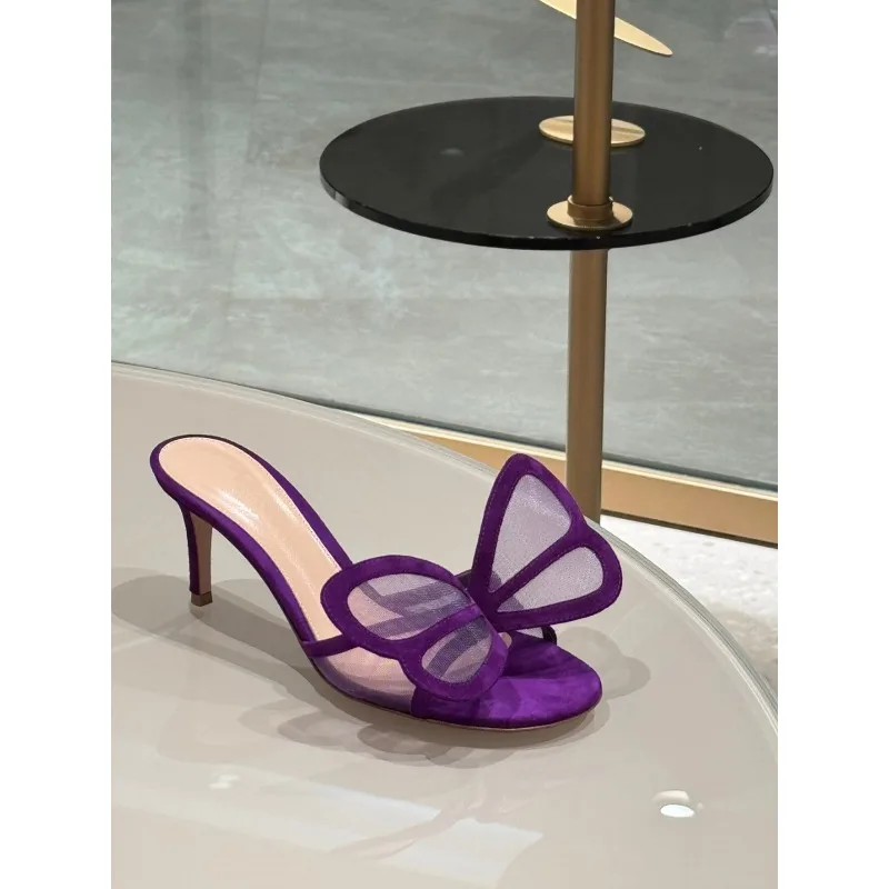 

2026 new purple mesh bow high heels, slim heels, sexy lace open toed sandals, women's M ü ller sandals, summer outdoor wear