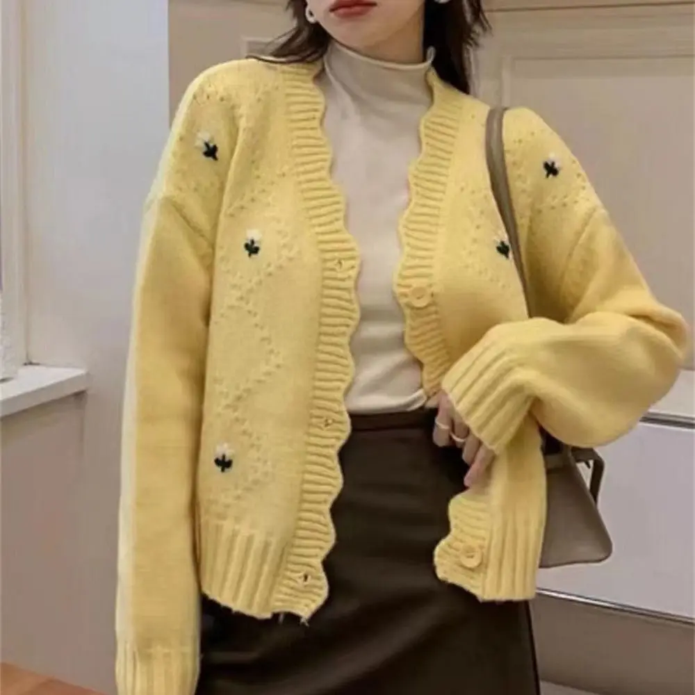 

Candy Color Short Knitted Sweater Flower Embroidery Long Sleeve Women Knitted Cardigan Slim INS Korean Style Sweater Winter