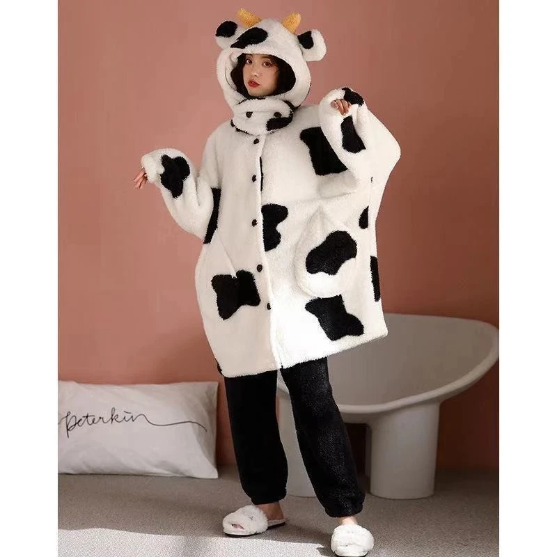 Mulheres de lã de vaca pijamas de inverno roupões casa vestir flanela calça pijamas dividir conjunto animal dos desenhos animados grosso casal camisola com capuz