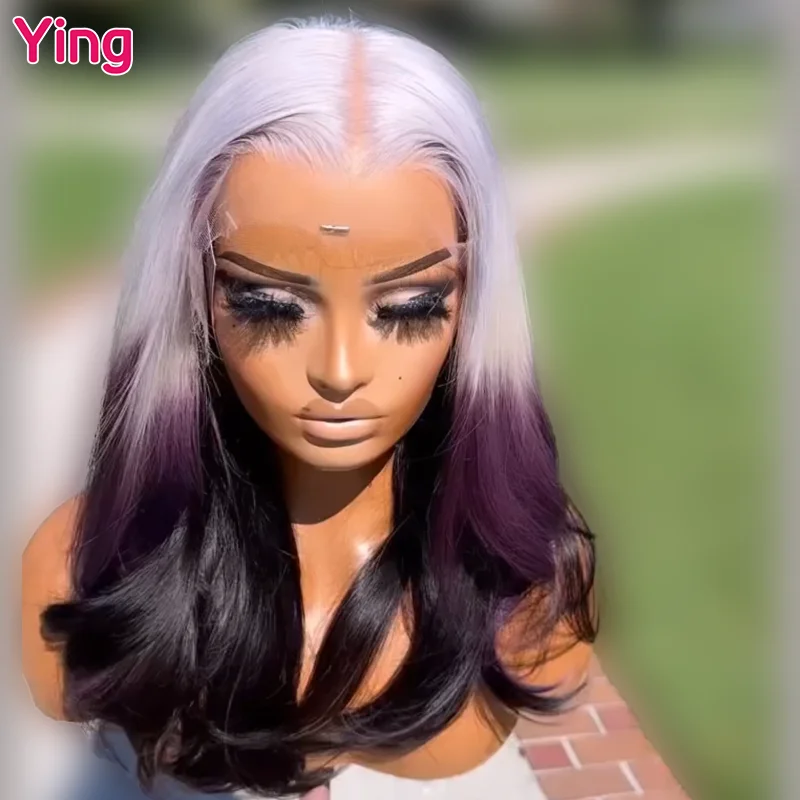 Ying Body Wave Silver Grey Deep Purple Colored 13x4 Lace Front Human Hair Wigs Remy 613 Wig 13x6 Lace Frontal Wig PrePlucked