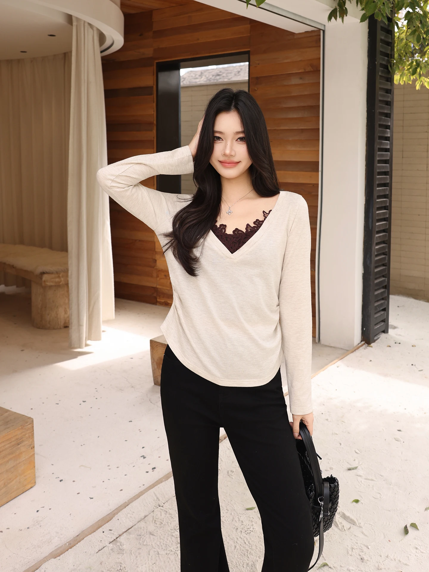 

Футболка из шерстяной смеси с эффектом похудения, модная, с кружевными вставками, весенняя, женская, премиум-качества, дышащая, с V-образным вырезом, с длинным рукавом