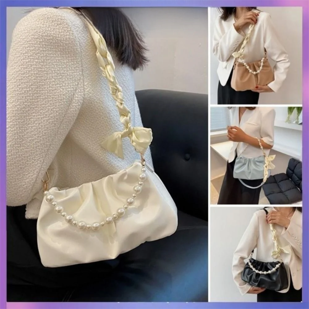 Fashion Pleated Shoulder Bag PU Leather with Pearl Cloud Underarm Bags Small Handbags Crossbody Bag