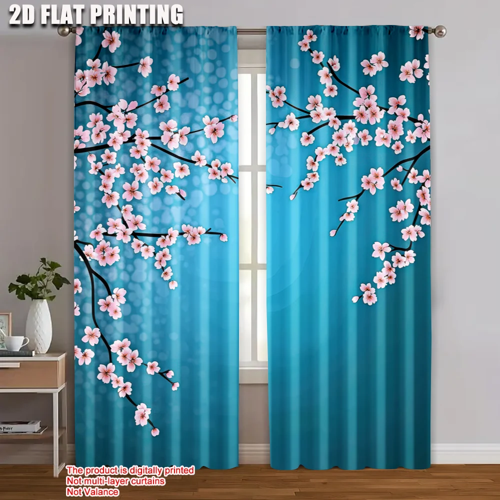2pcs, 2D flat printing Window Curtains Cherry Blossom Branch Versatile Durable Polyester,Without Electricity Family Party