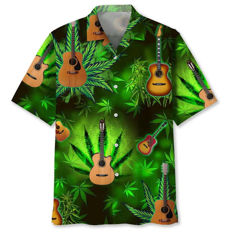 Camicia hawaiana stampata in 3d per chitarra con piante tropicali per uomo camicia a maniche corte con motivo a strumenti musicali camicetta con bottoni con risvolto