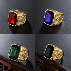 Punk Banquet Creative Square Blue Black Red Stone Ring Men Women Biker Retro Stainless Steel Masonic Letter G Ring Jewelry Gift