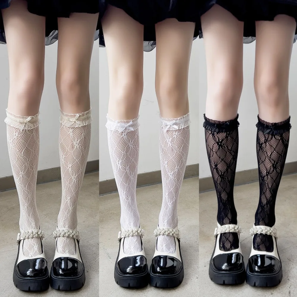 Fashion Nylon Middle Tube Sock Black White Bowknot Harajuku Sock Lolita Sock Spring Summer