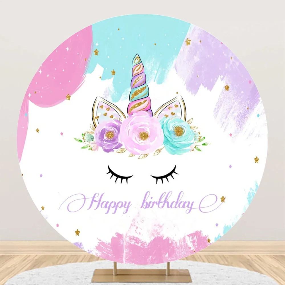 Tableclothsfactory Rainbow Unicorn Round Backdrop Gold Glitter Unicorn Floral Girls Baby Birthday Circle Cover For Photo Booth