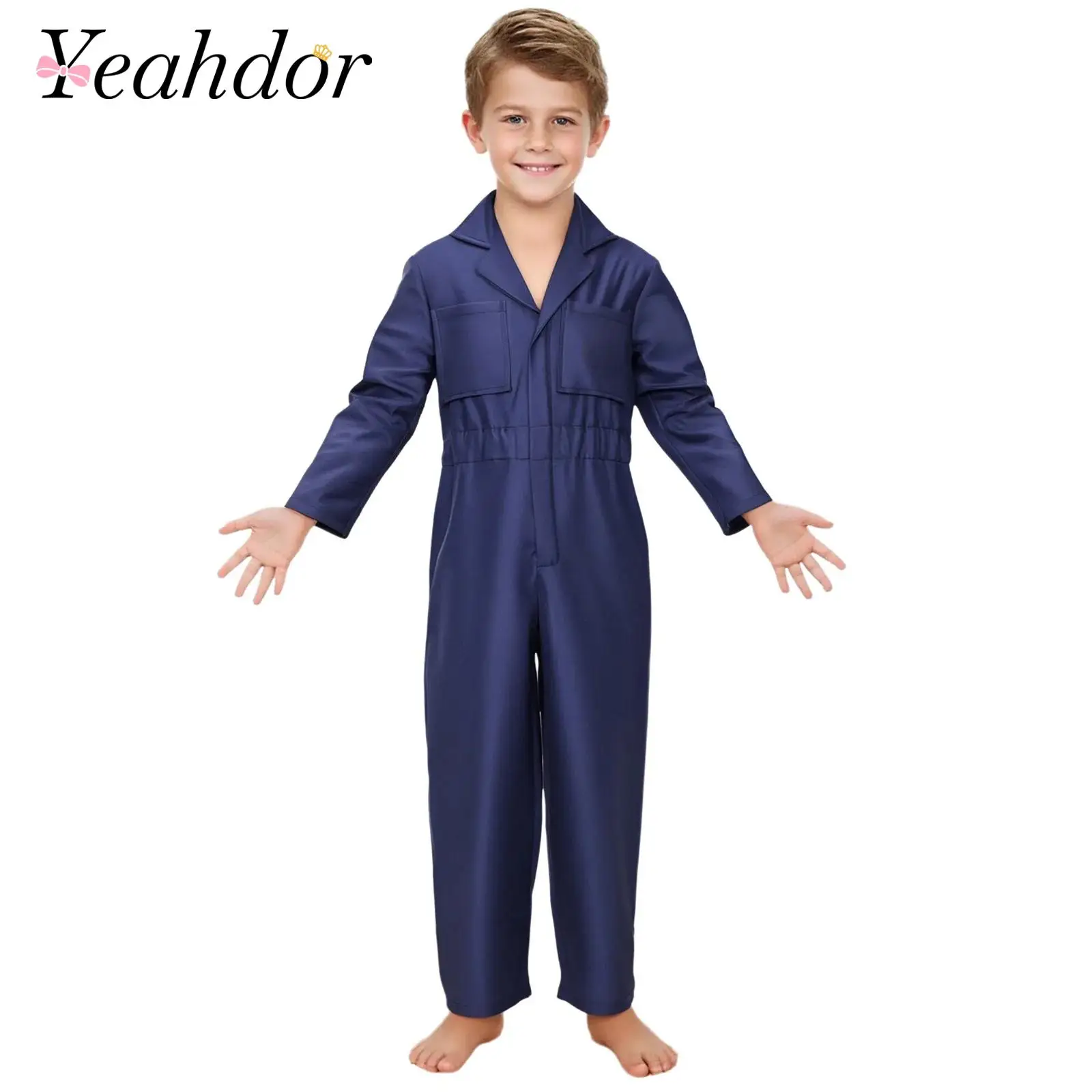 Kids Jumpsuits Children Cargo Pant Boys Girls Mechanic Cosplay Jumpsuit Turn-Down Neck Long Sleeve Jumpsuit Work Overalls Romper