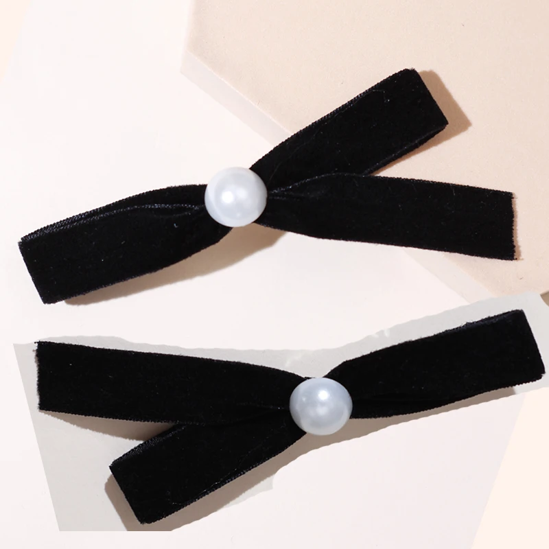 Lystrfac 1/2Pcs Velvet Pearl  Black Hairpin for Women Girls Vintage Head Bow Hair Clips Headdress Female Hair Accessories