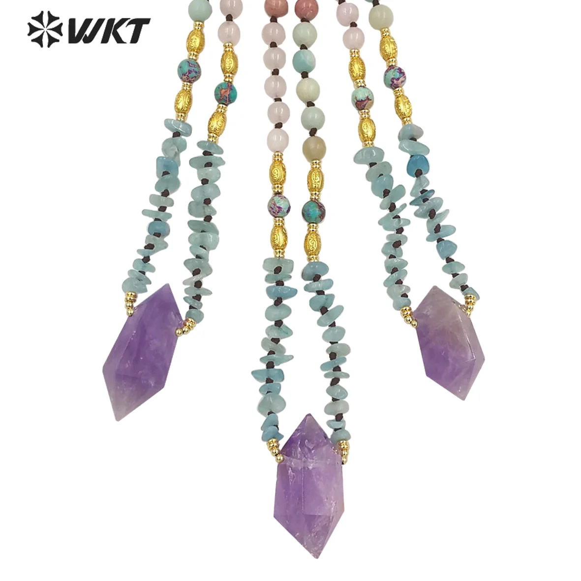 WT-N1377   WKT 2022 Hot Sale Rose Quartzs&Red Rhodonite&Amazonite Aqua Nuggest Pendant  Amethysts Beads For Women Eedding Party