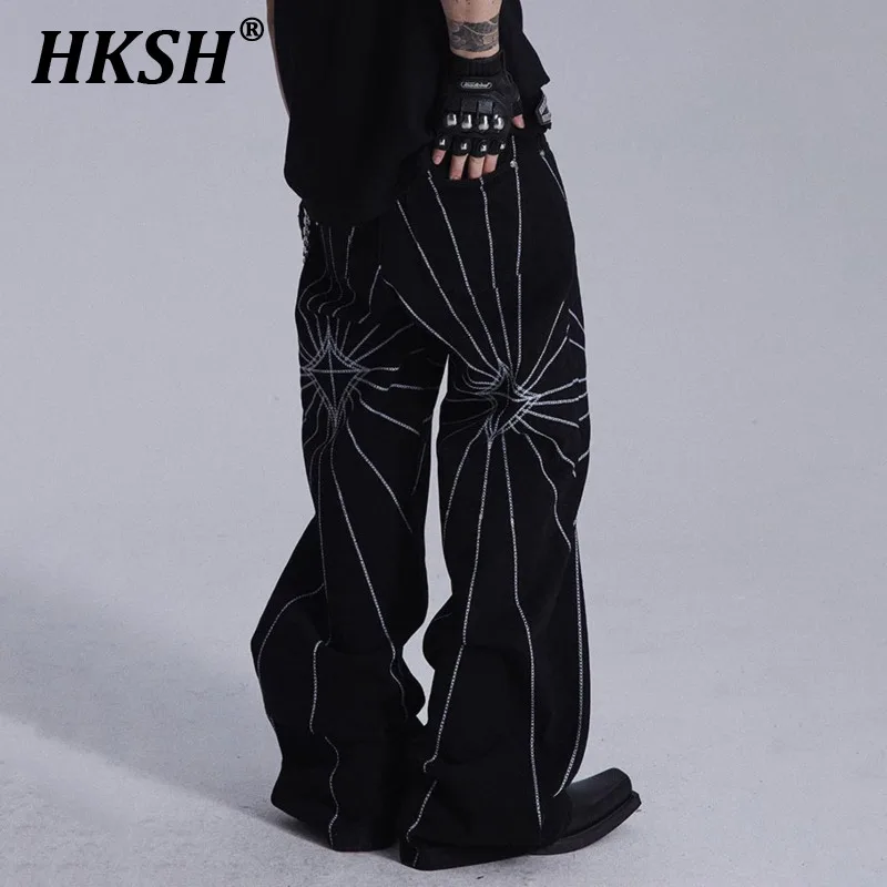 

HKSH Men's Tide Summer New Niche Design Spider Web Embroidery Straight Denim Pants Vintage Casual Drape Jeans Chic Dark HK1560