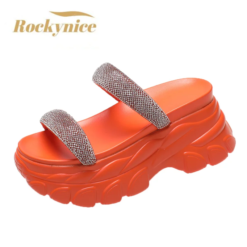 Summer Women Chunky Slippers Luxury Slip-on 8CM Wedges Bling Shoes Outside High Platform Sandals White Beach Casual Slides Woman