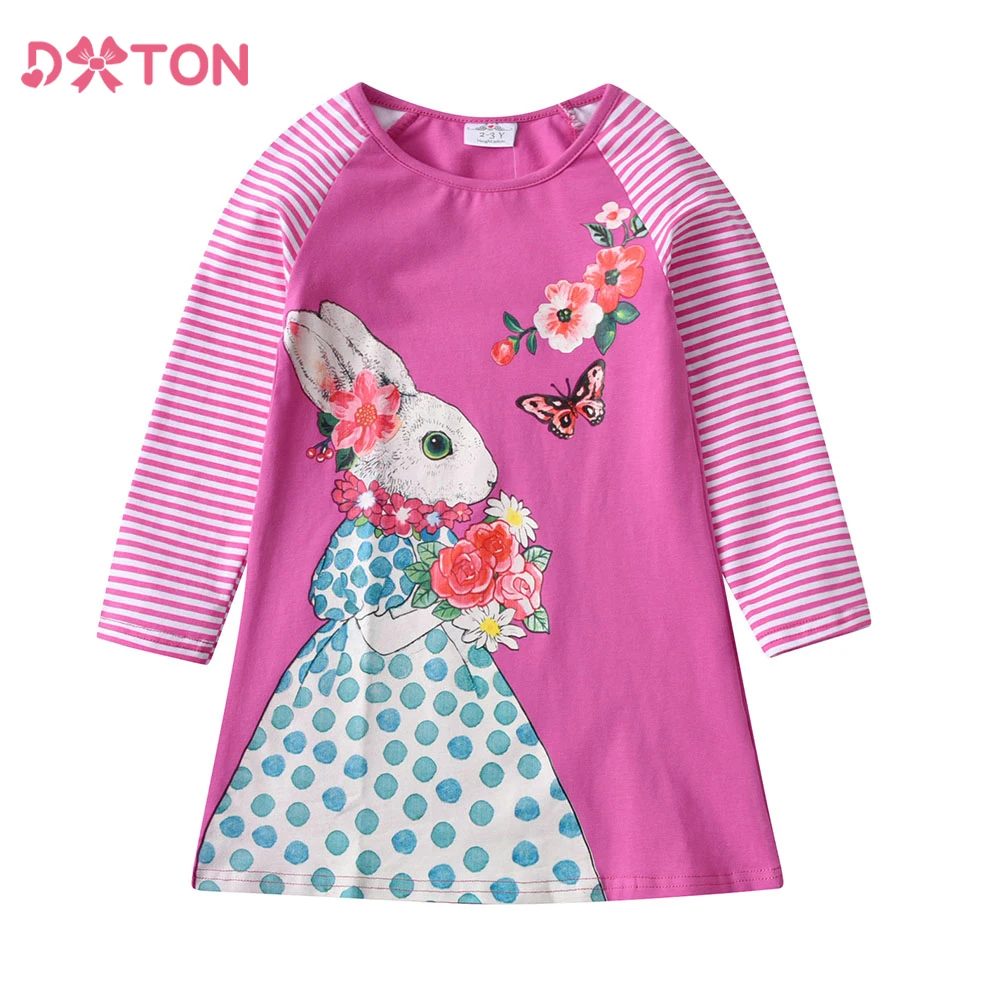 DXTON Spring Girls Dresses Striped Sleeve Flower Toddlers Casual Dress For Girls Rabbit Butterfly Printed Cotton Children Dress