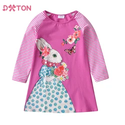 DXTON Spring Girls Dresses Striped Sleeve Flower Toddlers Casual Dress For Girls Rabbit Butterfly Printed Cotton Children Dress