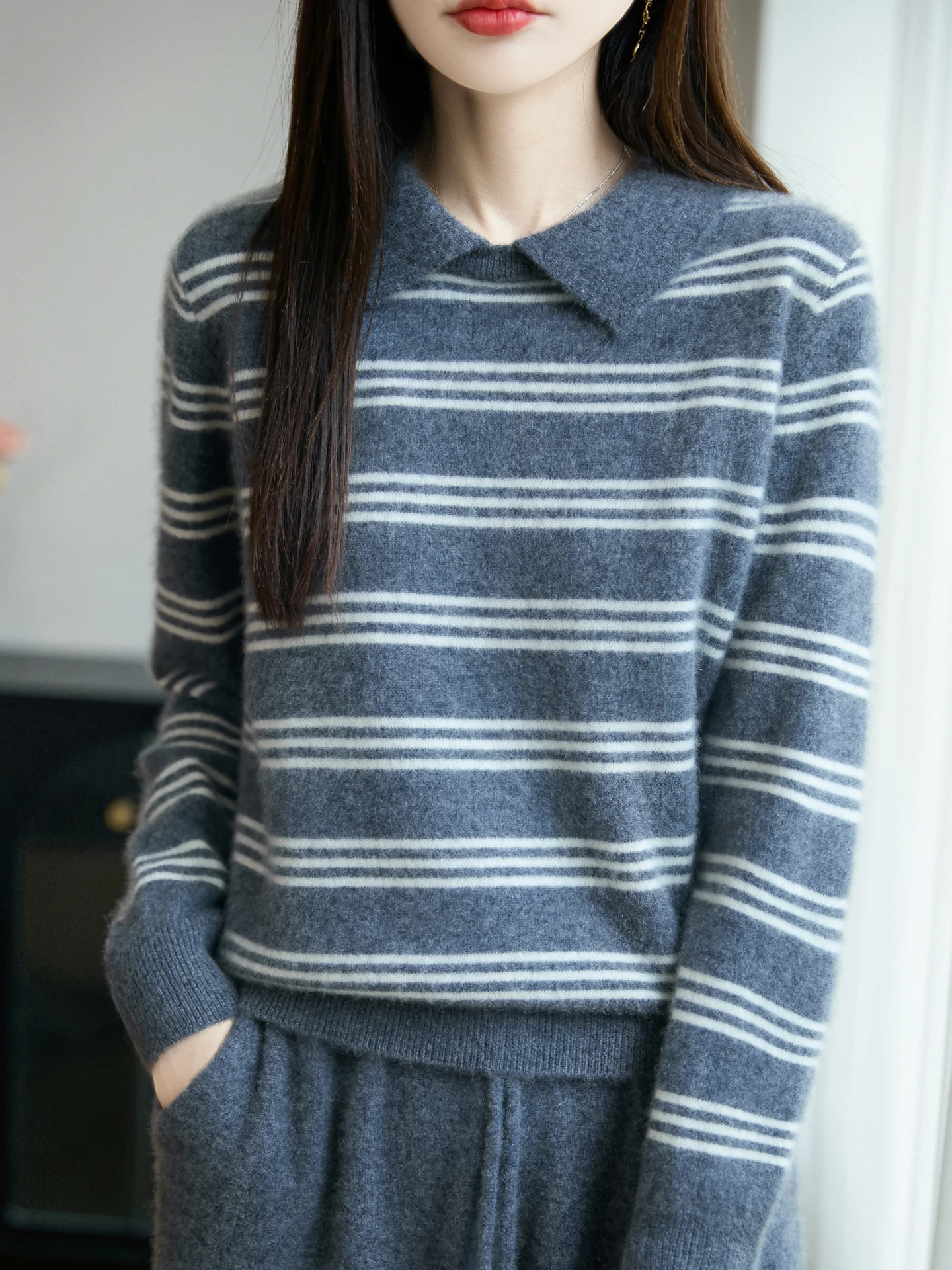 

Autumn Winter 100% Pure Wool Pullover Sweater Women's Loose Turn-down Collar Striped Cashmere Knitted Basic Tops Clashing Color