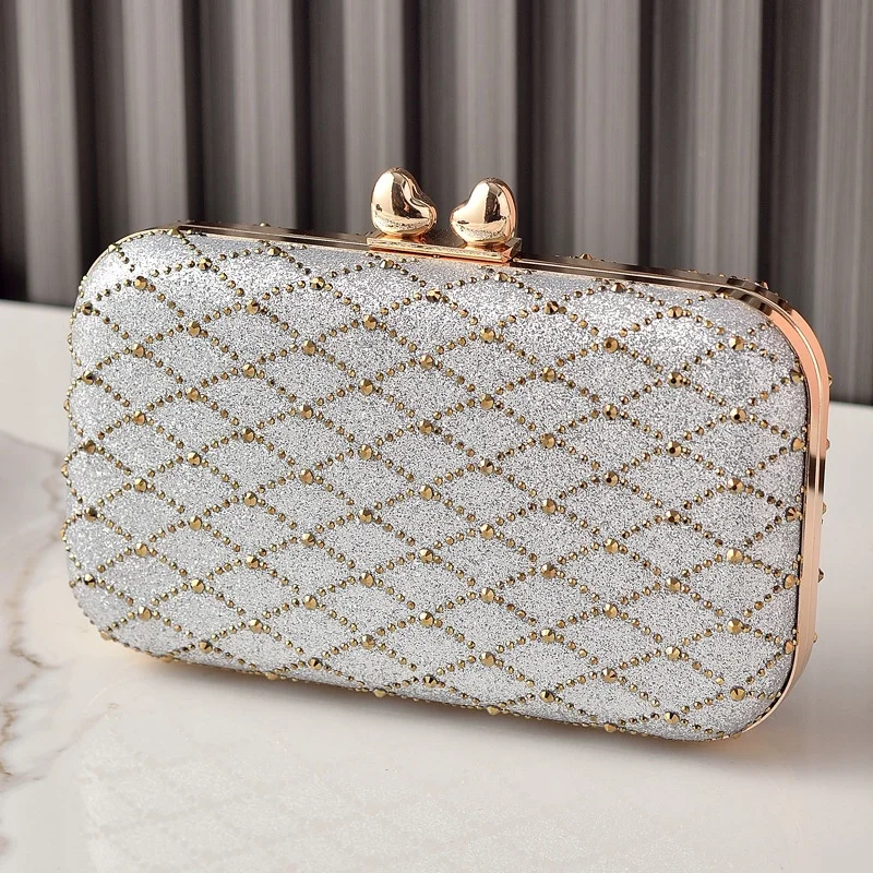Elegant Hot Pink Glitter Clutch Women's Gold Beaded Pattern Heart Closure Evening Bags for Weddings Prom Formal Party Purse - view 5