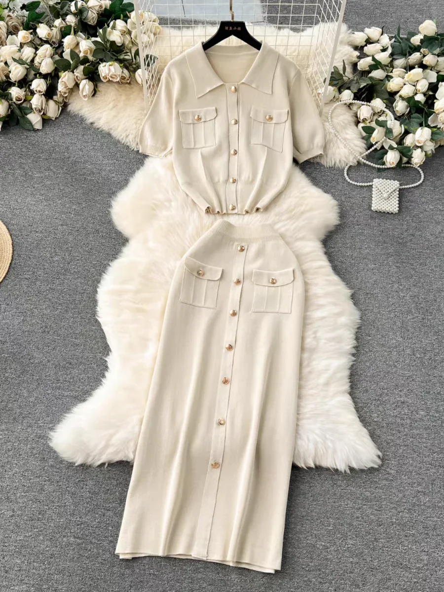 

Женский наряд, элитный однобортный кардиган с лацканами и короткими рукавами, топы + юбка, летний костюм, новые вязаные комплекты из 2 предметов Elegnat