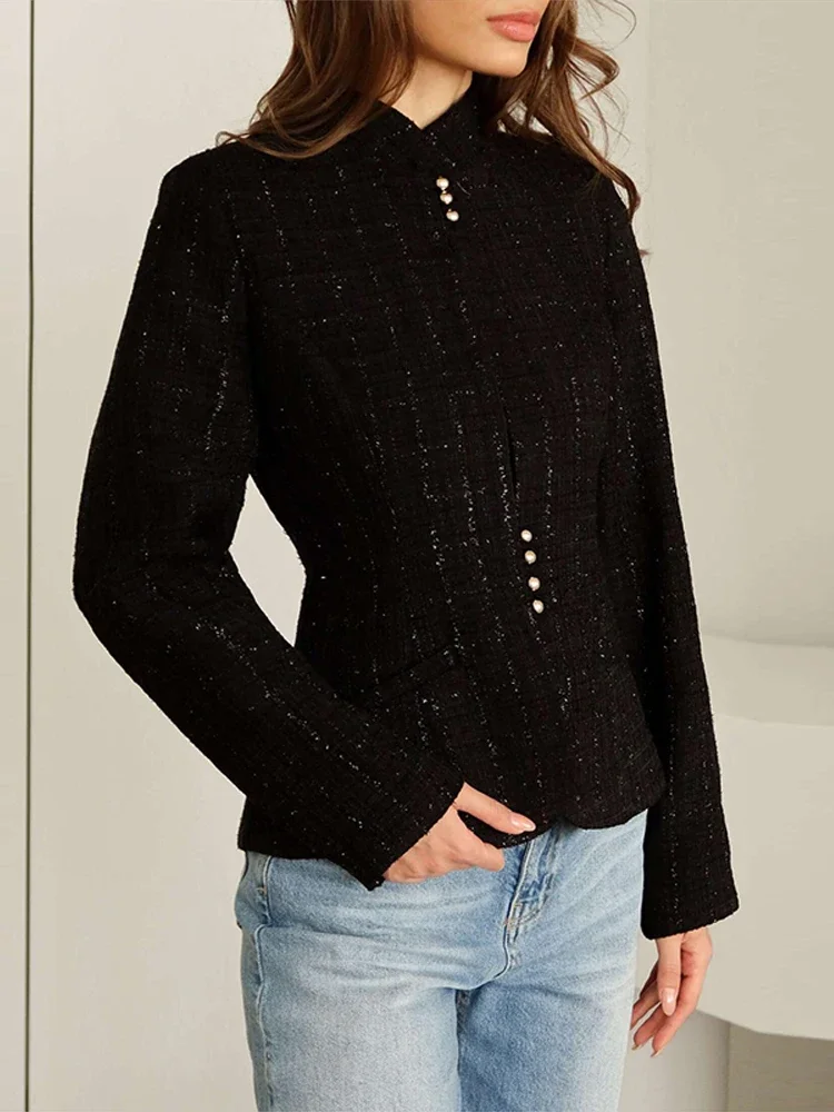 

Элегантный твидовый укороченный блейзер для женщин, повседневный, с пуговицами-бусинами, воротником-стойкой, приталенный, облегающий, весна-осень 2026