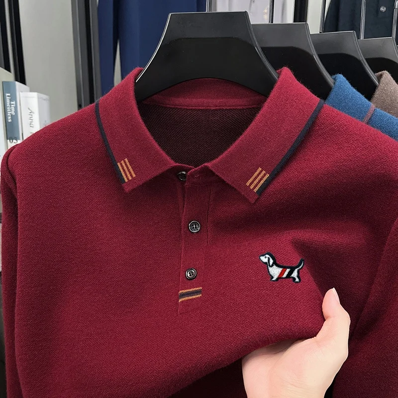 Neues Herbst-Polohemd mit bequemem Schnitt und Print für Herren, Original, hält warm, einfarbiges Langarm-T-Shirt, lässige Herrenbekleidung für den Alltag. – Detail 2