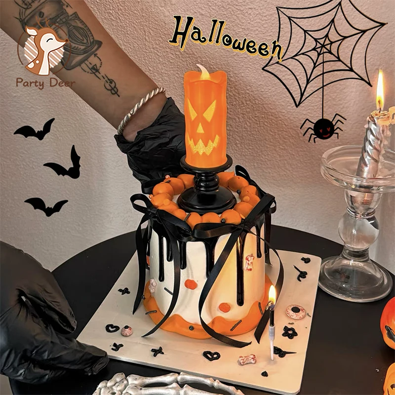 Lampe bougeoire citrouille visage de fantôme lumineux d'Halloween, décoration de gâteau de pâtisserie, ornements, bougie ruban pour Halloween, article populaire sur Internet