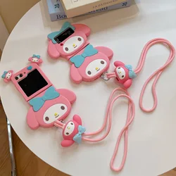 Cute Stereoscopic My Melody with Lanyard Phone Case for Samsung Galaxy Z Flip 3 4 5 5G PC Hard Silicone Anti-drop Back Cover