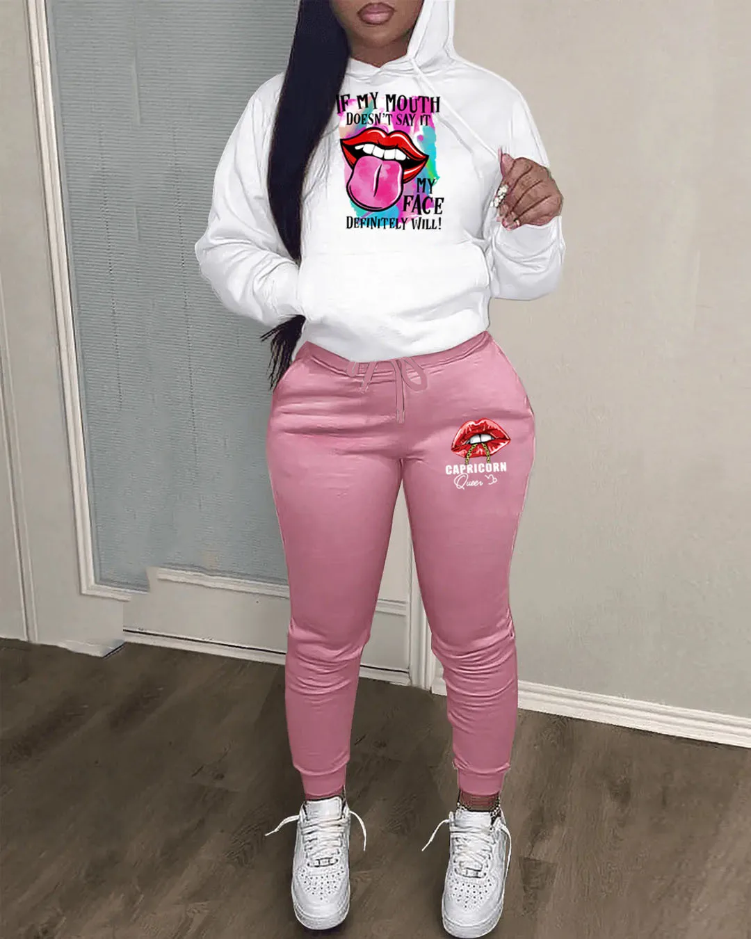 Damski dres jesienny, ciepły komplet: bluza z kapturem, dwuczęściowy, oversize, z nadrukami, casualowy, bluza z kapturem, długie spodnie.