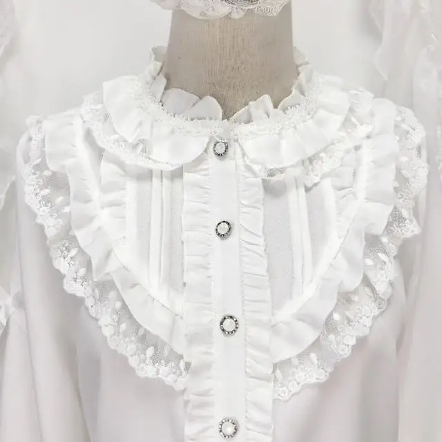 Lolita Blouse Girl Sweet Cute Lace Ruffled Shirt Long Sleeve Blouse Women's Top Kawaii