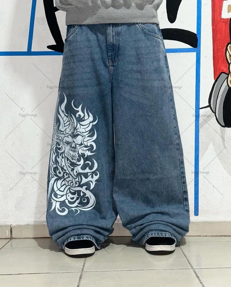 Harajuku High Street Fashion Loose Retro Oversized Jeans Men Y2k Trendy Brand Anime Print Washed High Waist Wide Leg Pants Women