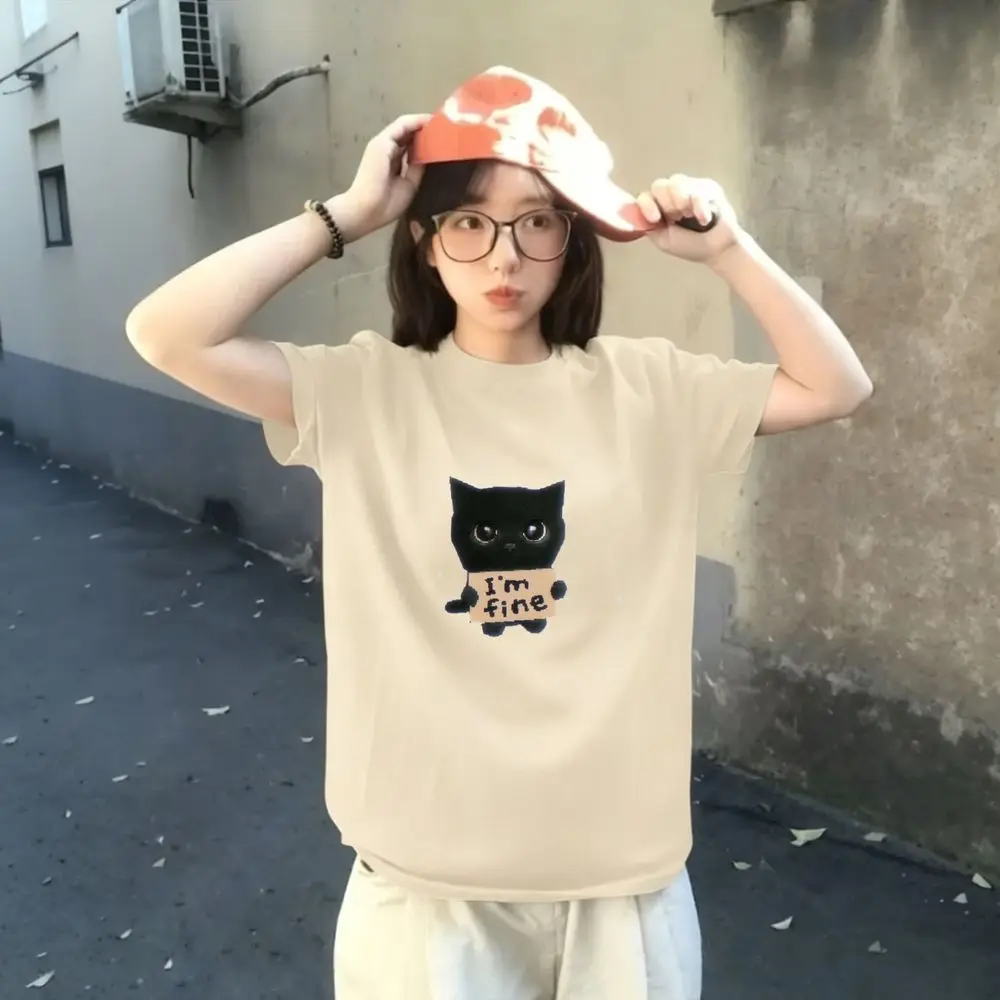 Vintage Black Cat Graphic T-Shirt Im Fine Women Tee Summer Short Sleeve Cute Print Y2k Streetwear Harajuku Casual Female Tops view 4