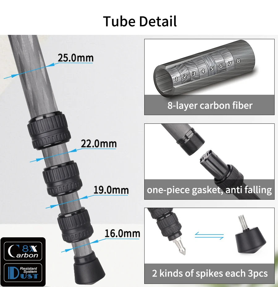 Kohlefaser-Stativ-INNOREL P254C Tragbares, kompaktes, leichtes Reisestativ und Einbeinstativ für digitale DSLR-Kameraständer, Belastung 12 kg – Detail 4